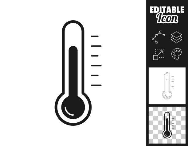 Thermometer. Icon for design. Easily editable Icon of "Thermometer" for your own design. Three icons with editable stroke included in the bundle: - One black icon on a white background. - One line icon with only a thin black outline in a line art style (you can adjust the stroke weight as you want). - One icon on a blank transparent background (for change background or texture). The layers are named to facilitate your customization. Vector Illustration (EPS file, well layered and grouped). Easy to edit, manipulate, resize or colorize. Vector and Jpeg file of different sizes. thermometer gauge stock illustrations