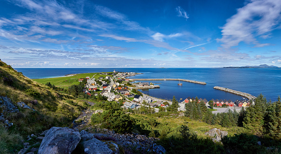 Views from the idyllic little fishing town of Alnes with its iconic lighthouse on the island of Godøy in Norway