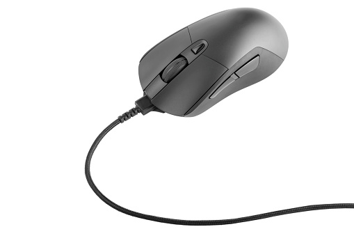 Black wired computer mouse isolated on white background. omputer peripherals. File contains clipping path.