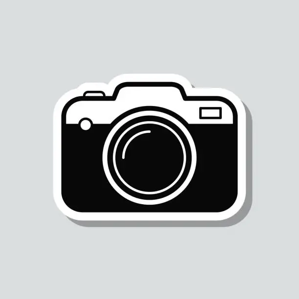 Vector illustration of Camera. Icon sticker on gray background