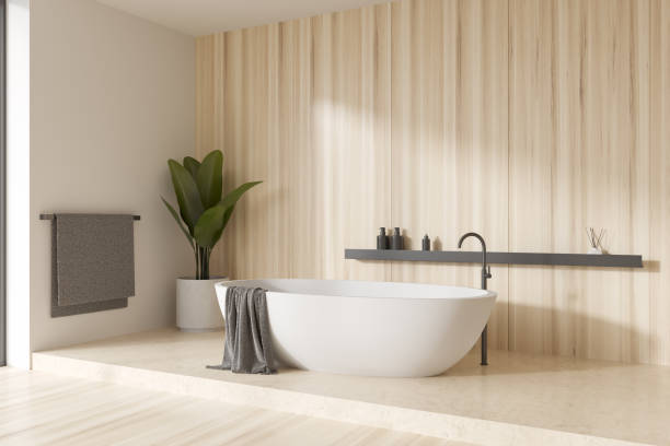 istock Corner view on bright bathroom interior with bathtub 1422734069