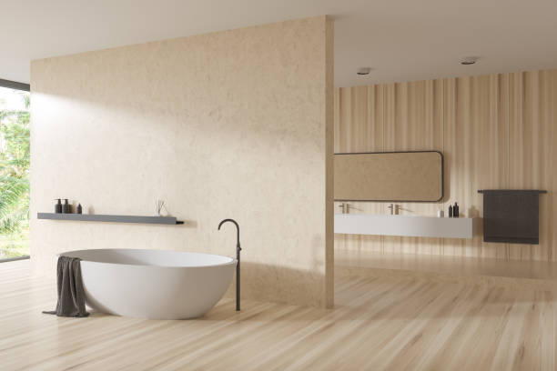 istock Corner view on bright bathroom interior with bathtub, mirror 1422734094