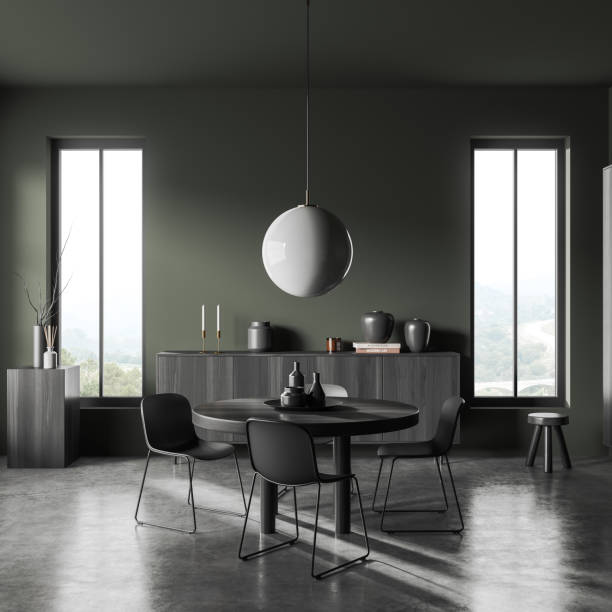 istock Green dining interior with seats and table, drawer and panoramic window 1422734135