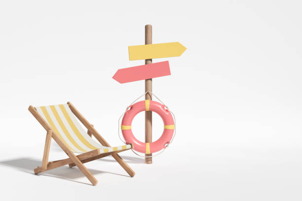 istock Sunbed, lifebuoy and mockup road pointer on white background. Copy space 1422735241