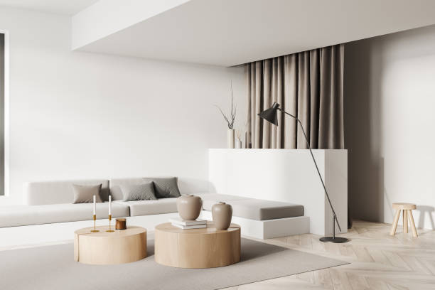 istock Light lounge interior with couch, coffee table with decoration and mockup 1422735346