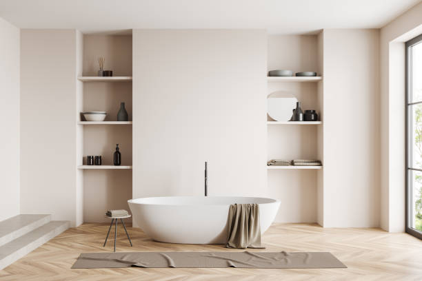 istock Front view on bright bathroom interior with bathtub, shelves 1422735663