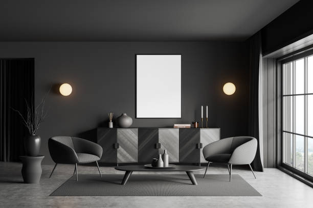 istock Relax room interior with chairs and drawer, window and mockup frame 1422736917