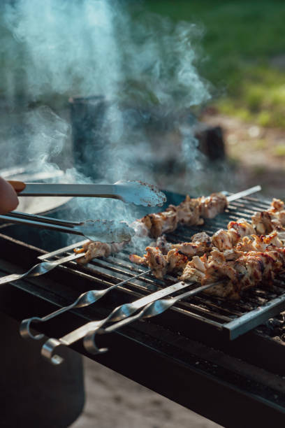 istock Shish kebab made from marinated chicken and cooked on barbecue grill over charcoal. Traditional picnic food. Outdoor food concept. 1422736959