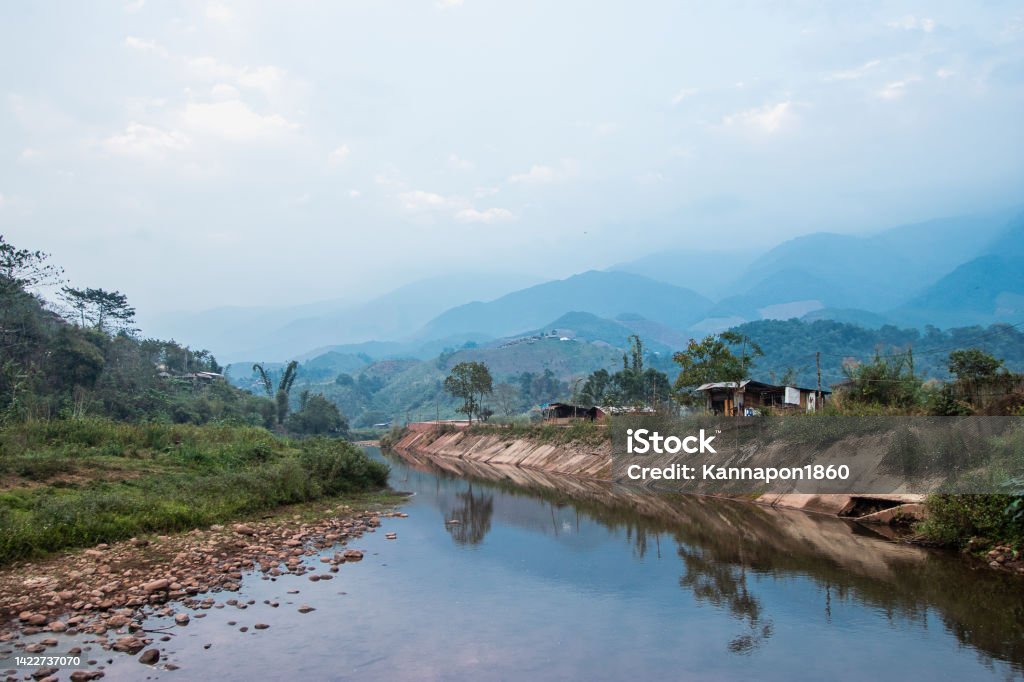 BOKLUA, NAN - FEB17, 2019: Landscape of Mang river and mountian in Ban Sapan village, Borklua distict, Nan Province, Thailand Animal Wildlife Stock Photo