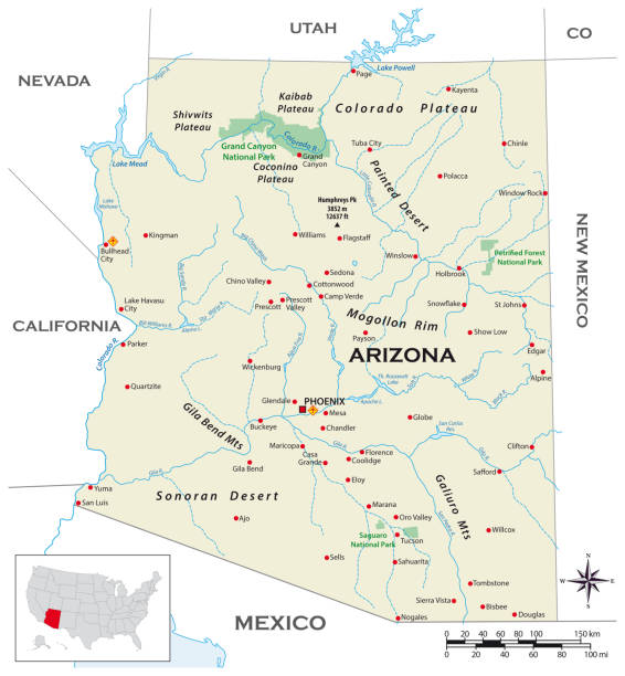 высокодетализированная физическая карта американского штата аризона - arizona phoenix desert tucson stock illustrations