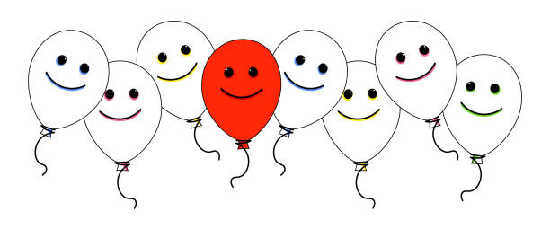 istock Cute balloons with joyful emotions on their faces. Smiling white and red balloons arranged in a row. Greeting poster, card, banner for birthday and other holidays 1422740712