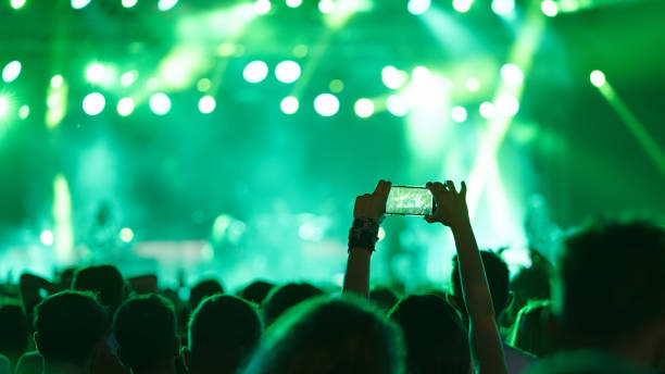 pubblico in un concerto rock - arms raised green jumping hand raised foto e immagini stock