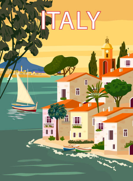 stockillustraties, clipart, cartoons en iconen met retro poster italy, mediterranean romantic landscape, mountains, seaside town, sailboat, sea. retro travel poster - illustraties van middellandse zee