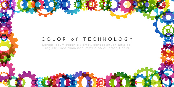Technology abstract background from rainbow gearwheels composition. Horizontal frame for teamwork, industrial, communication or automation conceptual design.