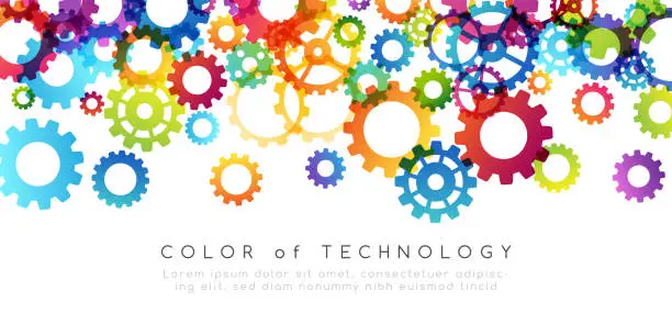 Vector illustration of Technology abstract background from rainbow gearwheels composition. Horizontal top border for teamwork, industrial, communication or automation conceptual design.
