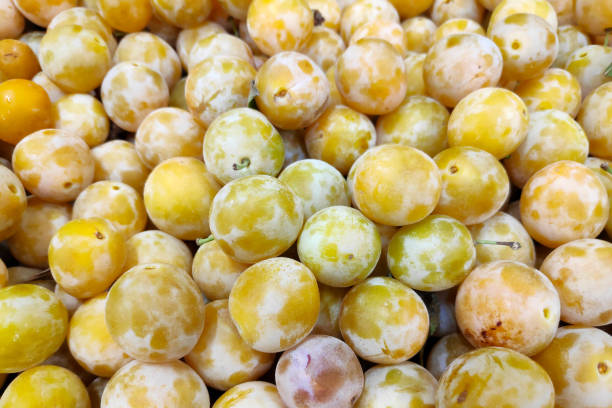 Close-up on a stack of Mirabelle plums on a market stall.