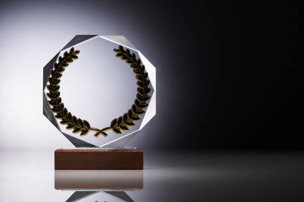 istock Crystal or glass trophy against gray background 1422744958