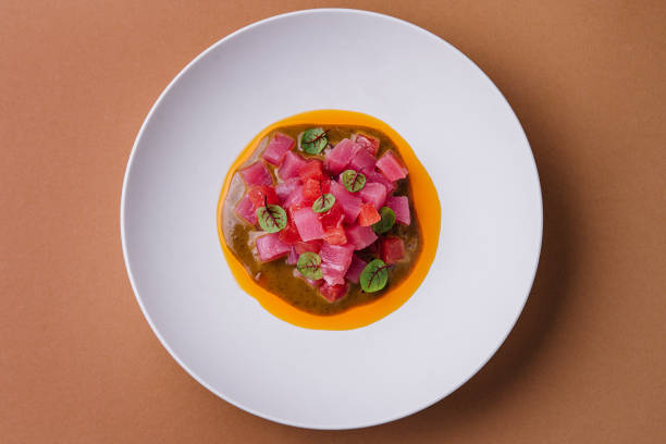 tuna tartare with micro beetroot leaves
