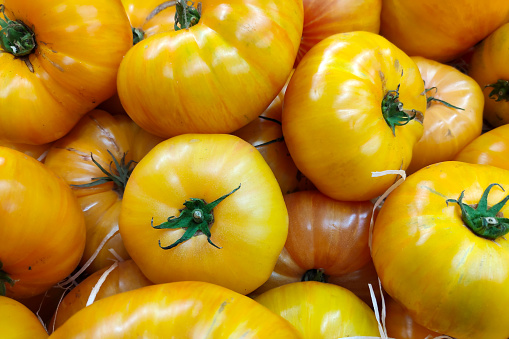 Close-up on a stack of yellow heirloom tomatoes for sale on a market stall.