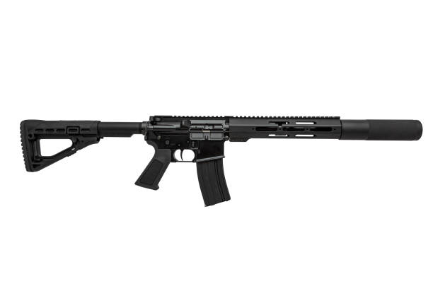 istock Modern automatic rifle isolated on white background. Weapons for police, special forces and the army. A carbine with silencer on a white background. 1422748403