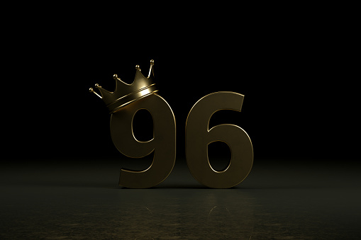 3d Rendering of 96 and crown, 96 years of queen, black background.