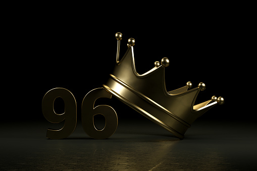 3d Rendering of 96 and crown, 96 years of queen, black background.