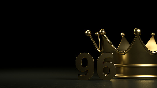 3d Rendering of 96 and crown, 96 years of queen, black background.