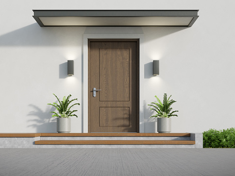 An image composite of seven different front doors to traditional apartment buildings in Rome, Italy.