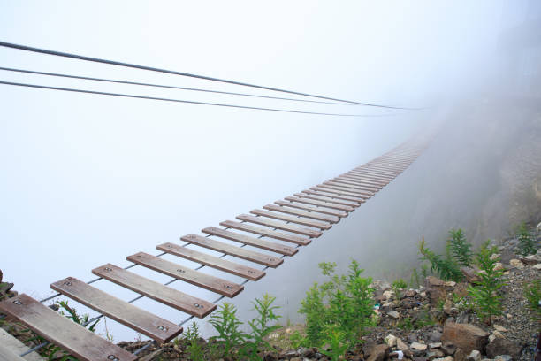 안개 속에서 사라지는 밧줄 다리를 매달아 놓는다. 관광 현수교. - suspension bridge 이미지 뉴스 사진 이미지