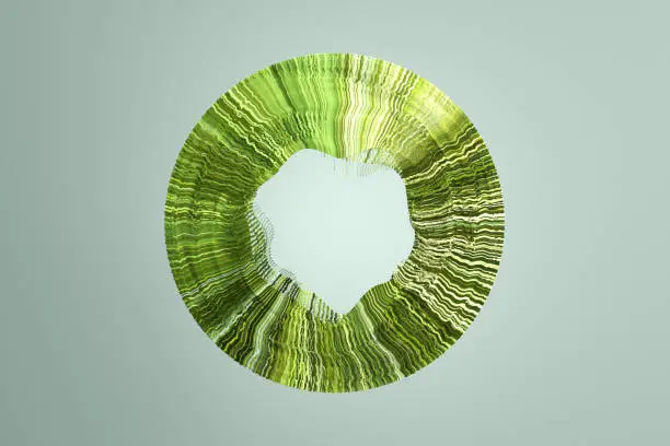 Abstract circular green carpet woven from particles, representing circular economy and regenerative energy, CGI.