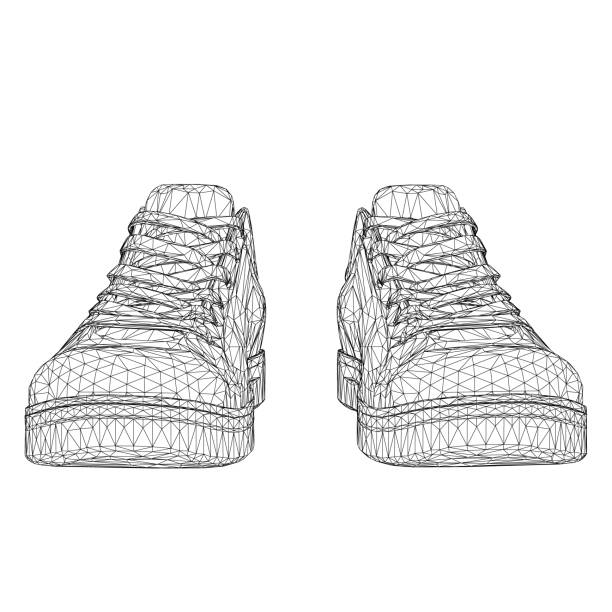 istock Wireframe of sports sneakers from black lines isolated on white background. Front view. 3D. Vector illustration. 1422758258