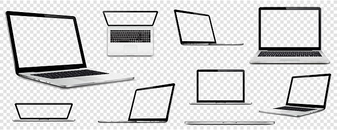 Collection laptop computers with transparent screen on transparent background. Perspective, top and front laptop view with transparent screen.