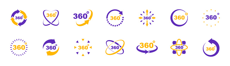 360 degrees view icon set. Signs virtual reality, panoramas and 360 degrees rotating. Icons with arrows and circles indicating turn 360 degree view. Vector illustration.