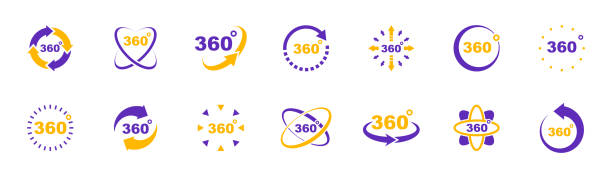 360 degrees view icon set. Signs virtual reality, panoramas and 360 degrees rotating. Icons with arrows and circles indicating turn 360 degree view. Vector illustration. 360 degrees view icon set. Signs virtual reality, panoramas and 360 degrees rotating. Icons with arrows and circles indicating turn 360 degree view. Vector illustration. 360 degree view stock illustrations