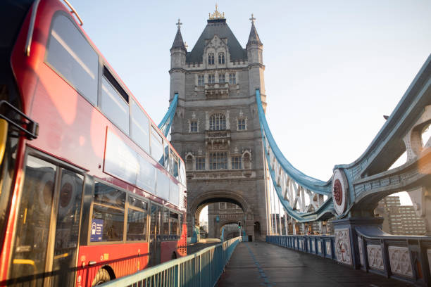 istock Red bus travelling over Tower Bridge 1422762667