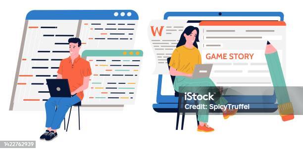 Game Development People Programming Software With Laptops Coding ...