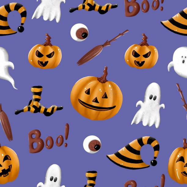istock Halloween seamless pattern with set of cartoon illustration on Very Peri background. Trick or treat. Ghost, pumpkins, broom, eye, boo, hat. 1422764700