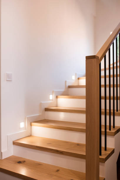 istock Wood staircase inside contemporary white modern house. 1422766042