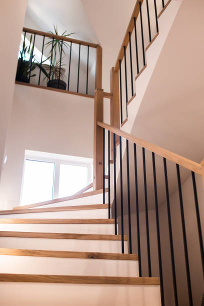 istock Wood staircase inside contemporary white modern house. 1422766070