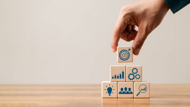 istock hand woods block cube with icon company strategy development, Concept success and business goals. 1422766259