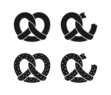 Pretzel with sesame and bite silhouette set. Simple flat clip art element design. Sign symbol for bakery cafe menu.