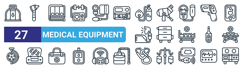 set of 27 outline web medical equipment icons such as scale, otoscope, spirometer, colposcope, trolley, blood pressure, stethoscope, incubator vector thin line icons for web design, mobile app.