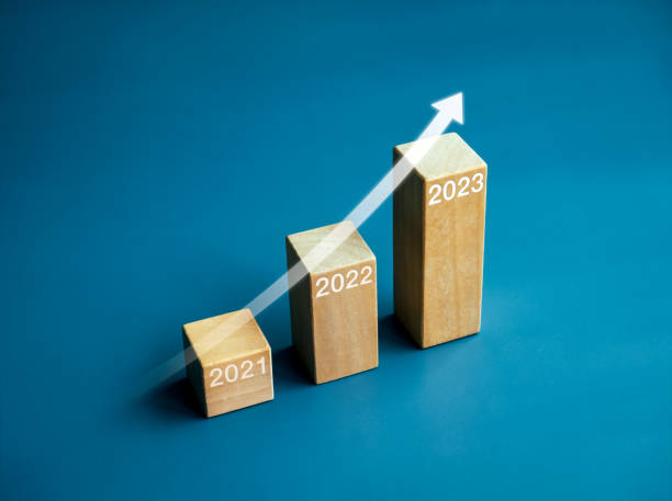 istock Shining rise up arrow on wooden cube blocks, bar graph chart steps from year 2021 to 2023 on blue background, business growth process, technology trend, economic improvement concepts, minimal style. 1422768574