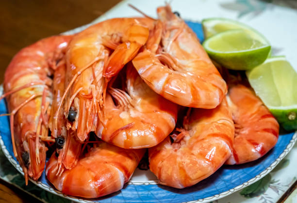 Freshly boiled large Tiger Shrimps (Prawns) neatly stacked on a serving plate stock photo