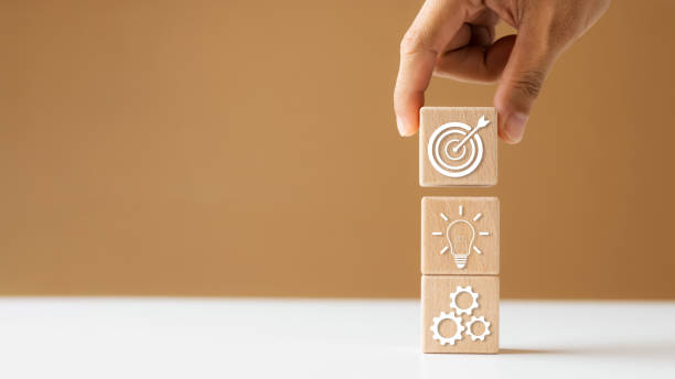 istock hand woods block cube with icon company strategy development, Concept success and business goals. 1422770831