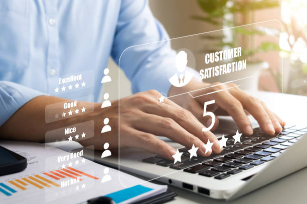 User give rating to service experience on online application, Customer review satisfaction feedback survey concept, Customer can evaluate quality of service leading to reputation ranking of business.
