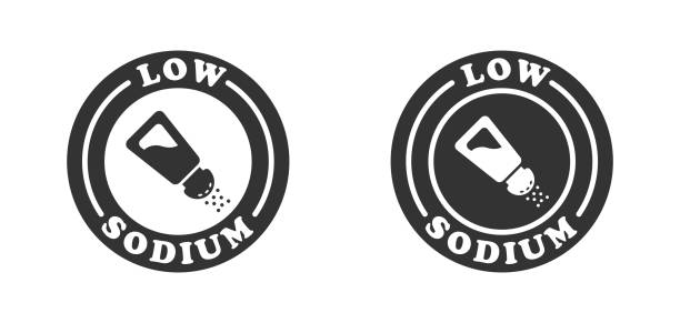 낮은 나트륨 배지 또는 로고. 플랫 벡터 일러스트레이션. - low salt stock illustrations