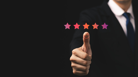 User give rating to service experience on online application, Customer review satisfaction feedback survey concept, Customer can evaluate quality of service leading to reputation ranking of business.