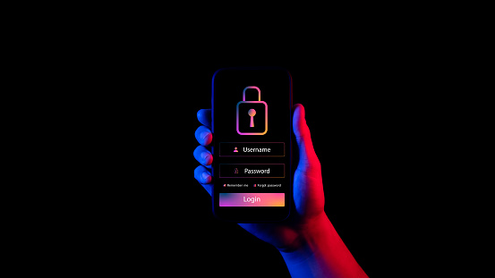 Cybersecurity and privacy concept to protect data, 
padlock icon. Login and password, digital mobile phone handle isolated on black, cybersecurity banner.