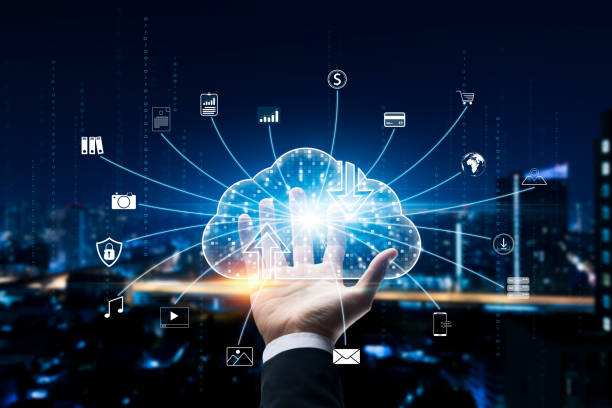 istock Cloud icons connect to internet server service for data download and upload, Applications and online businesses, managing data on the background of the city at night. 1422776704